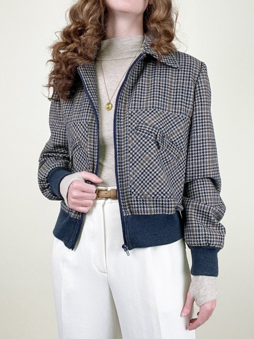 Vintage British Houndstooth Bomber Jacket Cropped Coat Wool Preppy Sporty 80s